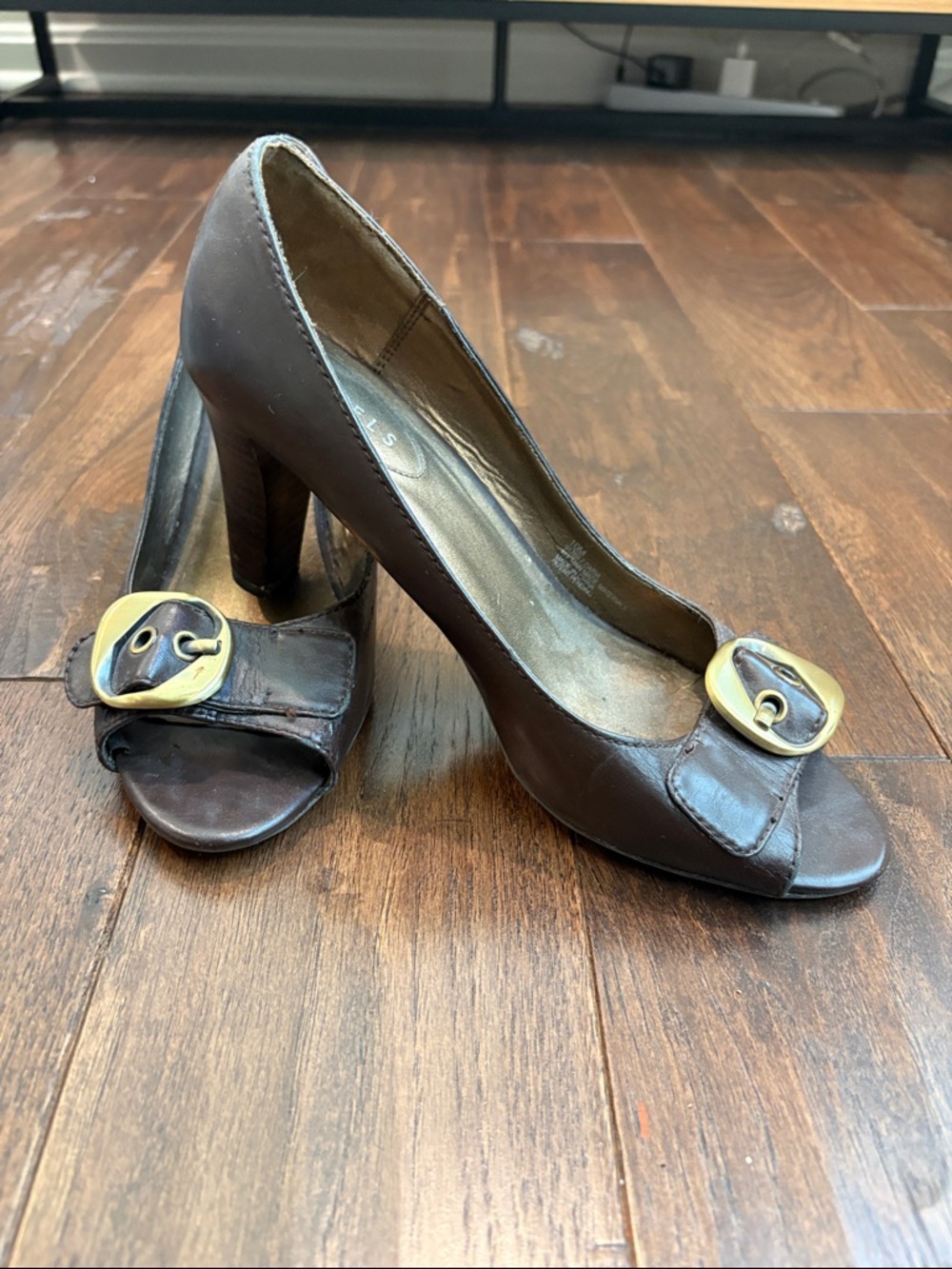 Nickels Brown Peep-Toe Heels with Gold Buckle Accent